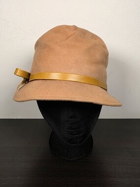 Vintage 60s Camel Wool Cloche Hat Leather Bow Henry Pollak